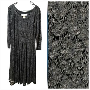 Gothic Black Lace Dress Long Sheer Sleeve Fit & Flare Midi LBD Vintage Inspired